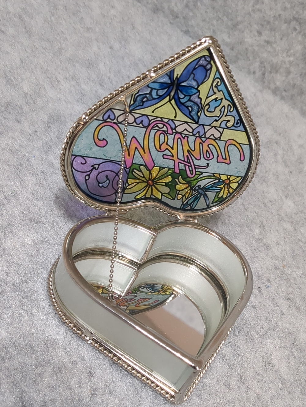 Amia Heart Shaped "Mother" Jewelry Trinket Box Hinged Hand Painted Stained Glass - Picture 2 of 9